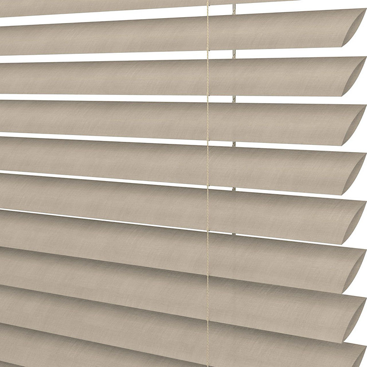 Close-up of soft gray faux wood blind slats tilted partly open