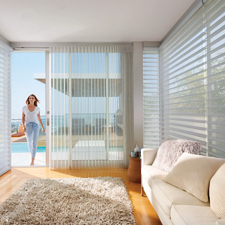 zebra-blinds-hunter-douglas-3-1webp - Pearl & Co Banded zebra shades on floor-to-ceiling windows by a sliding door