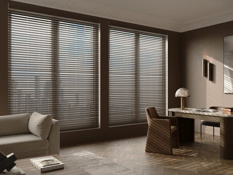 Dark brown faux wood blinds on tall windows in a modern living room and home office