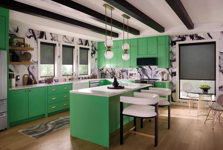 Dark solar shades on kitchen and dining windows in a bright green kitchen