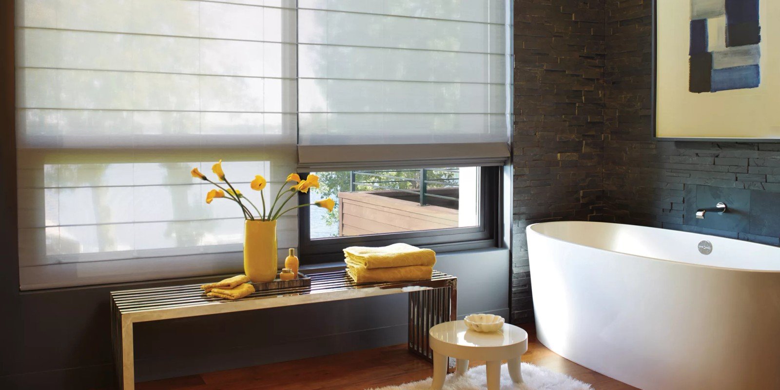 hunter-douglas-alustra-woven-roman-shade-bath-cave-creek-az - Pearl & Co Woven Roman shade in a Cave Creek AZ bath