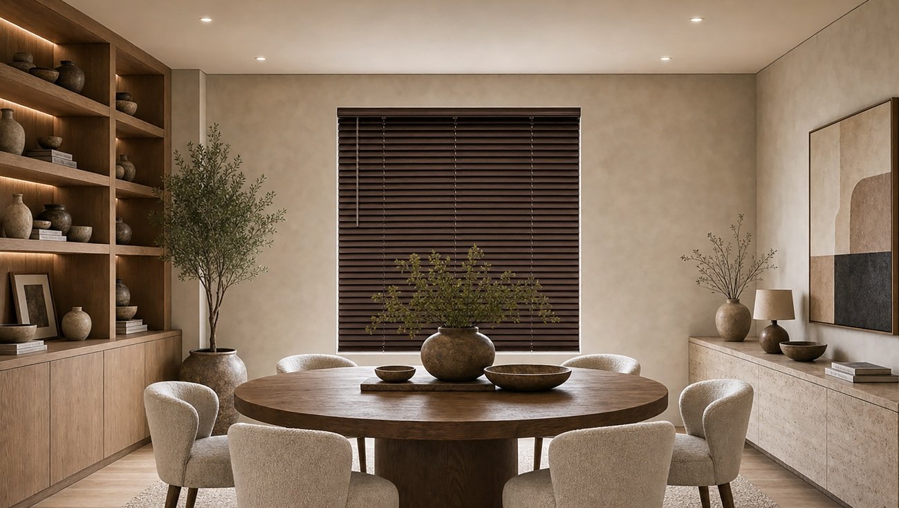 Aluminum blinds dining room phoenix az - Pearl & Co Dark blinds in a Phoenix AZ dining room