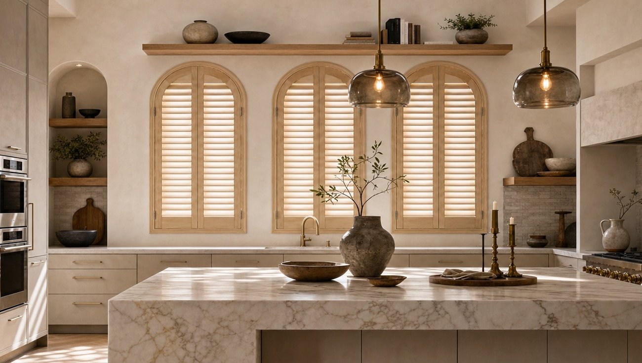 Arched plantation shutters in a kitchen - Pearl & Co Arched plantation shutters in a warm kitchen, Queen Creek AZ home