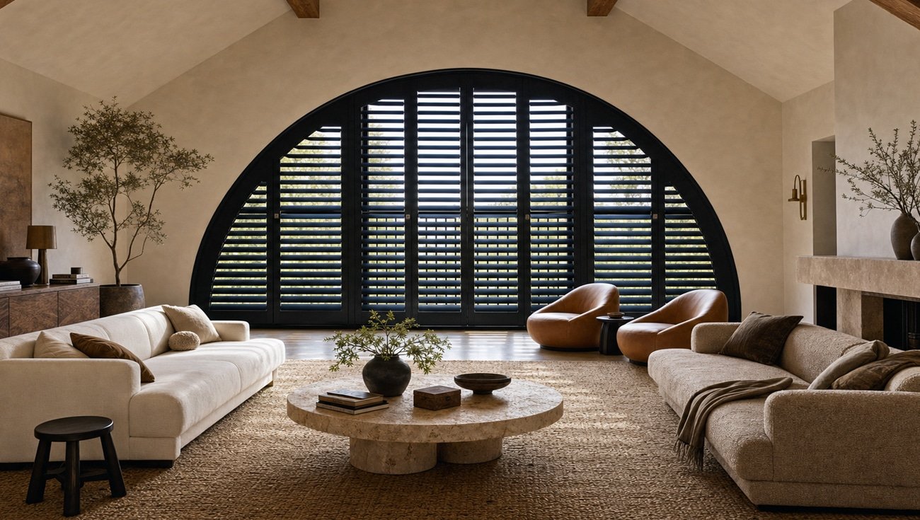 Arched shutters great room san tan valley az - Pearl & Co Arched shutters on a great room window in a San Tan Valley AZ home