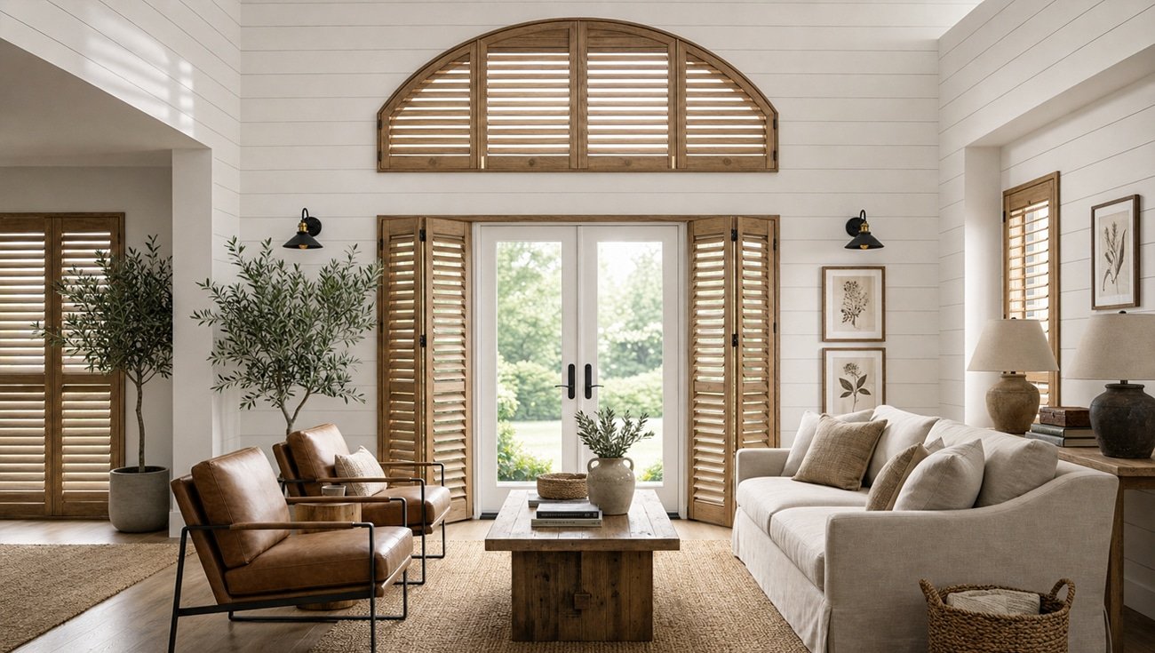 Arched wood shutters patio doors chandler az - Pearl & Co Arched wood shutters over patio doors in a Chandler AZ home