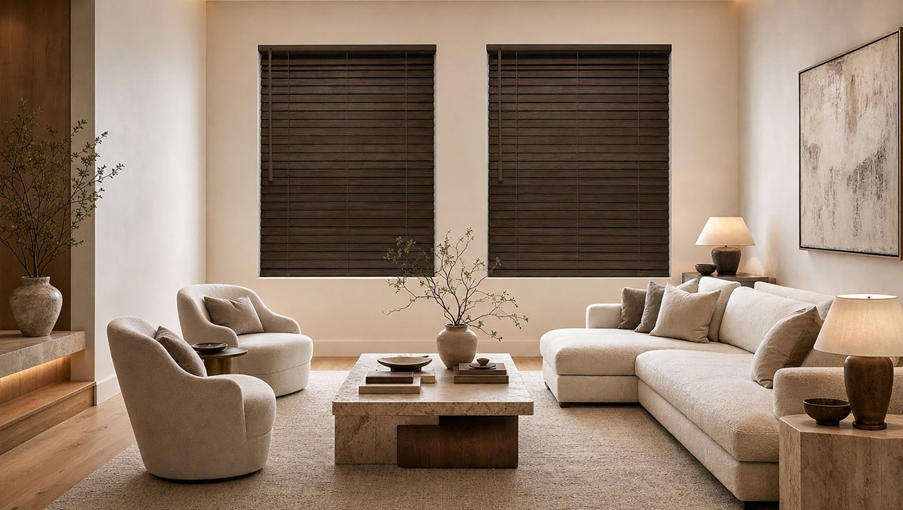 Dark wood blinds living room phoenix az - Pearl & Co Dark wood blinds in a neutral Phoenix AZ living room