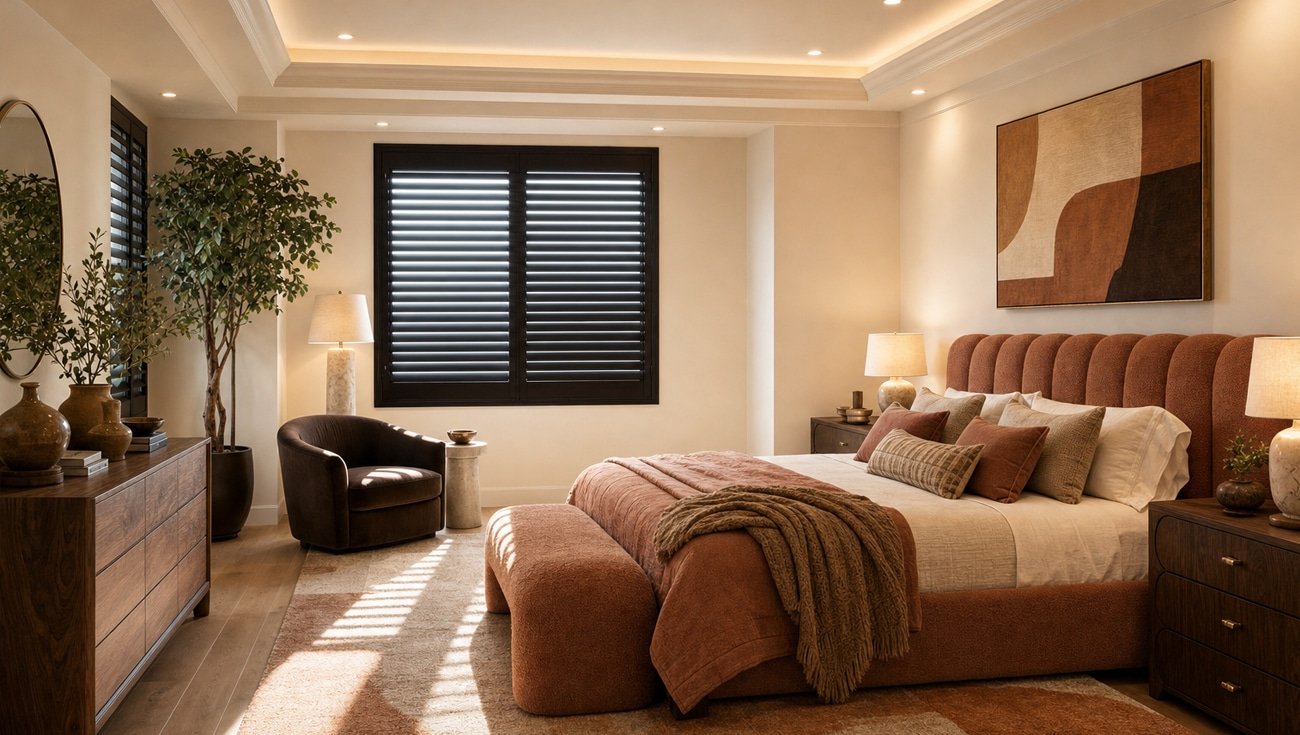 Dark wood shutters bedroom mesa az - Pearl & Co Dark wood shutters in a warm toned bedroom, Mesa AZ
