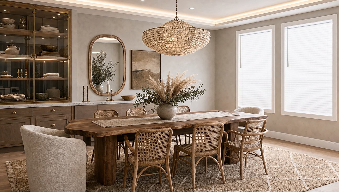 Faux wood blinds in a dining room - Pearl & Co Faux wood blinds in a warm Queen Creek AZ dining room with rattan chairs