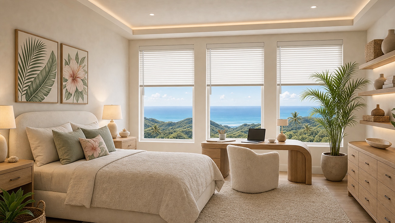 Faux wood blinds - Pearl & Co White faux wood Venetian blinds on three bedroom windows overlooking the ocean