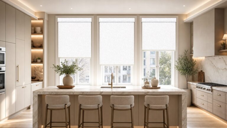 White light filtering roller shades on three kitchen windows above an island