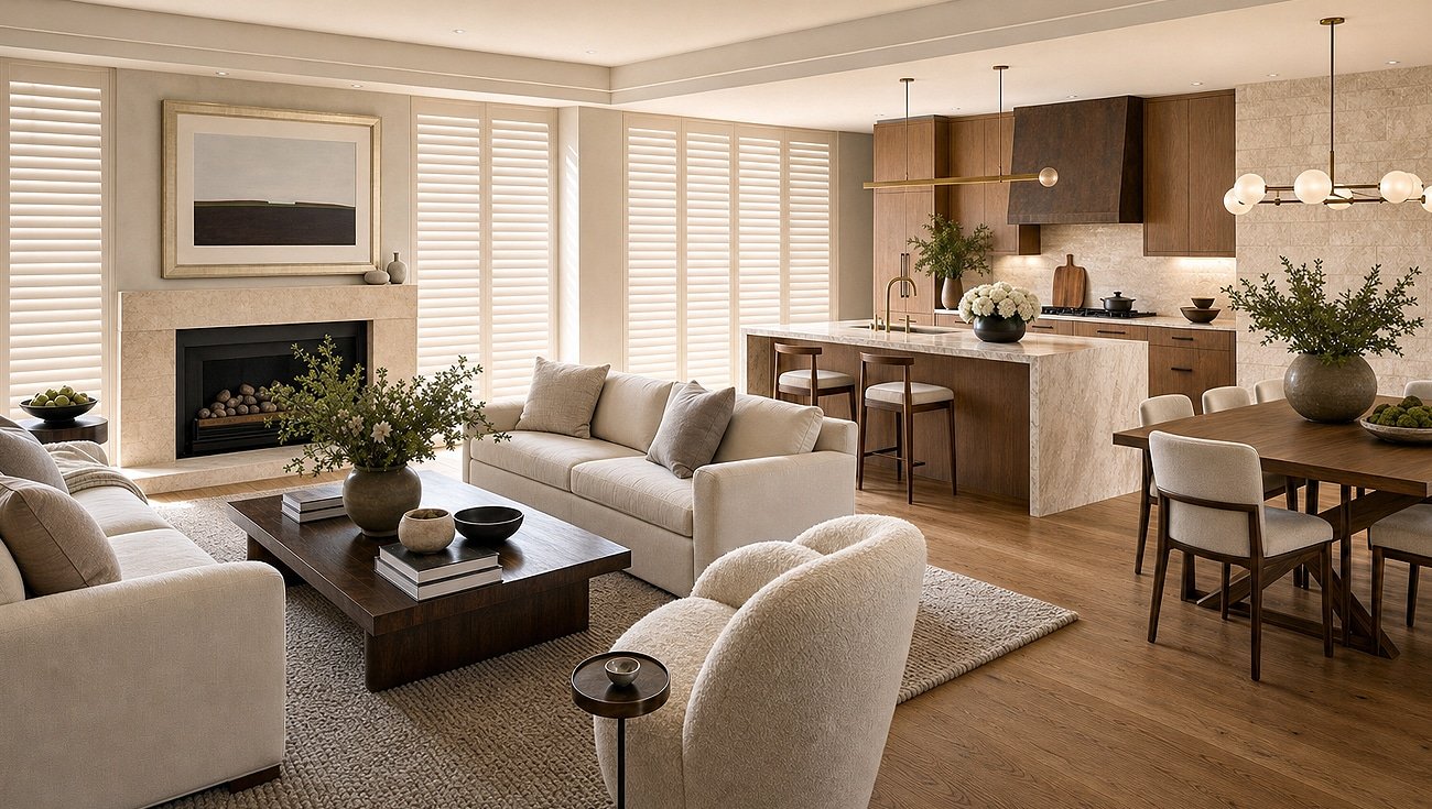 Plantation shutters great room mesa az - Pearl & Co Plantation shutters in an open Mesa AZ great room and kitchen
