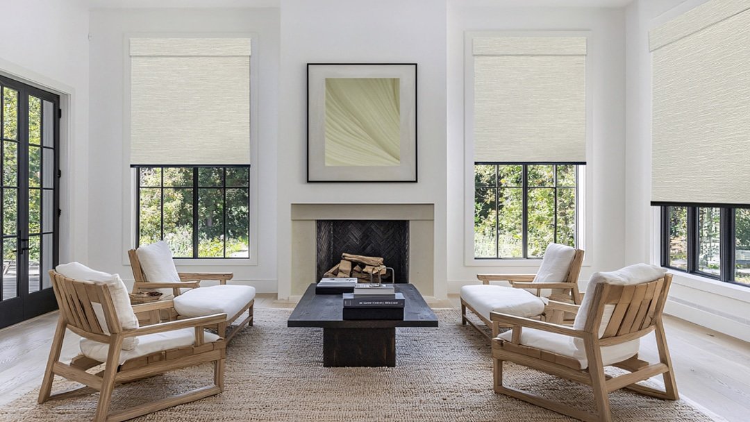 Roman shades fireplace room carefree az - Pearl & Co Roman shades beside the fireplace in a Carefree AZ living room