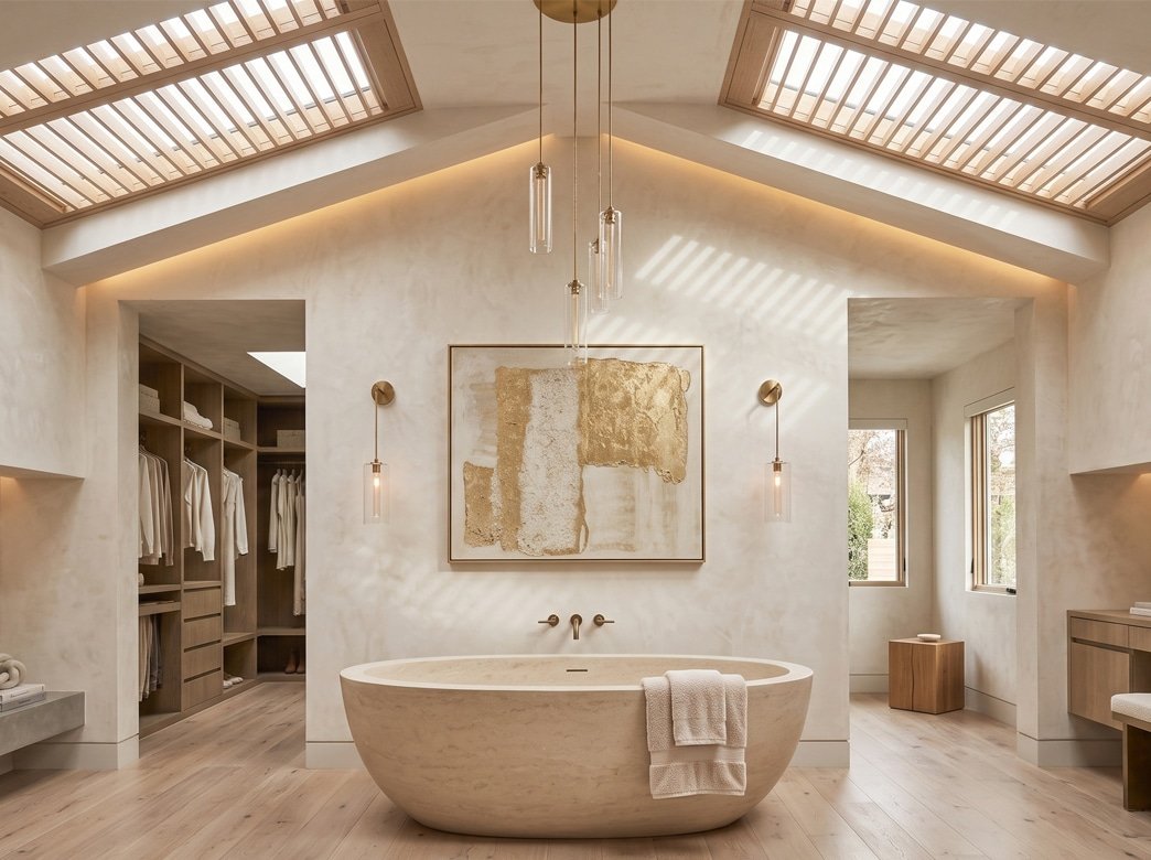Shutters skylights primary bath scottsdale az - Pearl & Co Plantation shutters on skylights in a Scottsdale AZ primary bath