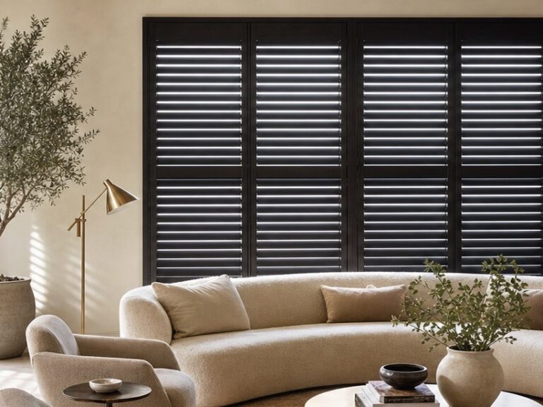 Dark wood plantation shutters in a warm desert-toned living room with an olive tree and clay vases