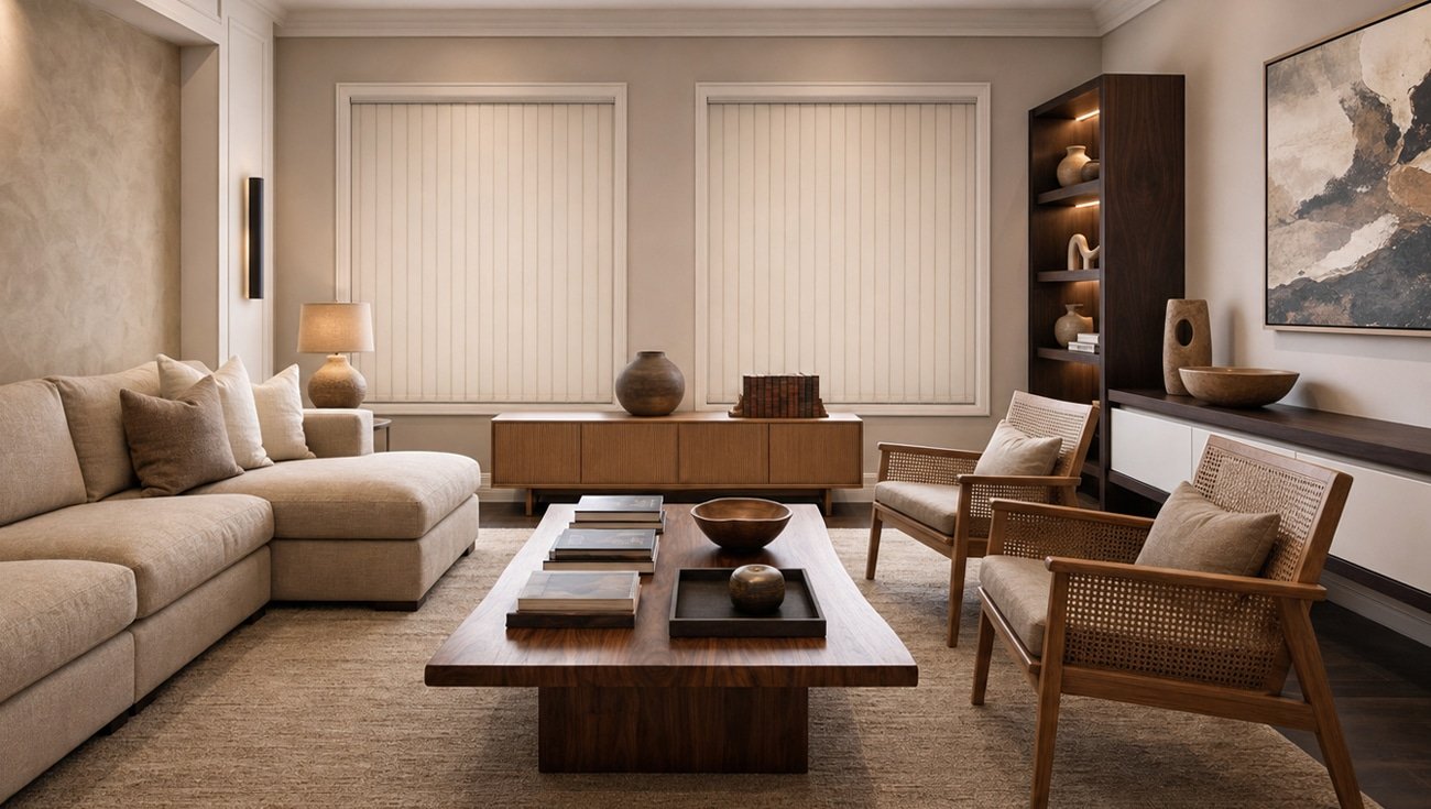 Synchrony vertical blinds living room san tan valley az - Pearl & Co Vertical blinds in a San Tan Valley AZ living room