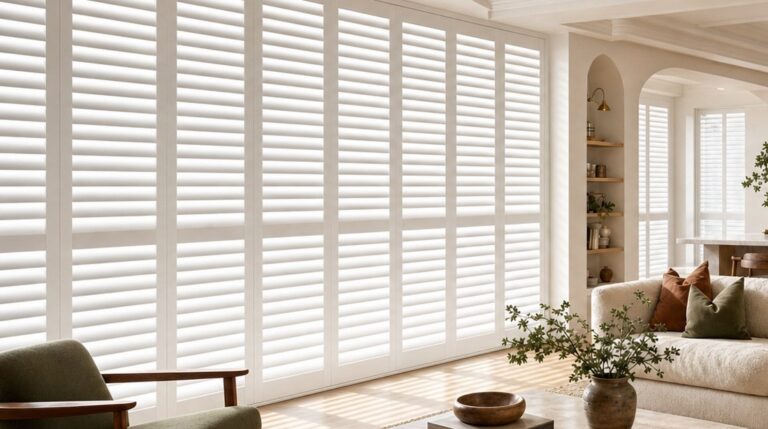 White plantation shutters on tall windows in a bright living room with arched shelves and a warm sofa