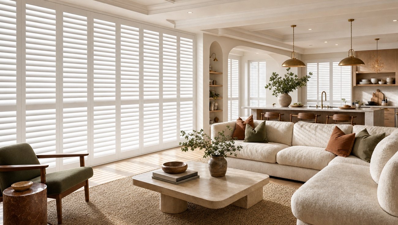 White shutters living room chandler az - Pearl & Co White plantation shutters in a bright Chandler AZ living room
