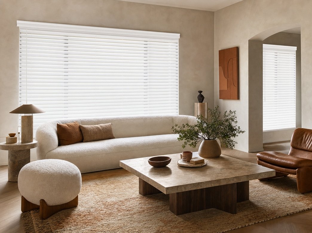 White wood blinds living room cave creek az - Pearl & Co White wood blinds in a warm Cave Creek AZ living room