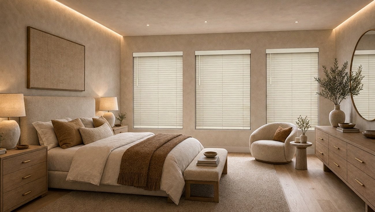 Wood blinds bedroom carefree az - Pearl & Co White wood blinds in a Carefree AZ bedroom