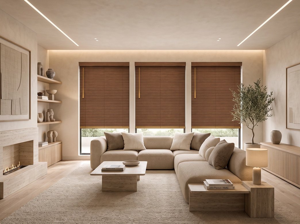 Wood blinds family room gilbert az - Pearl & Co Wood blinds in a Gilbert AZ family room
