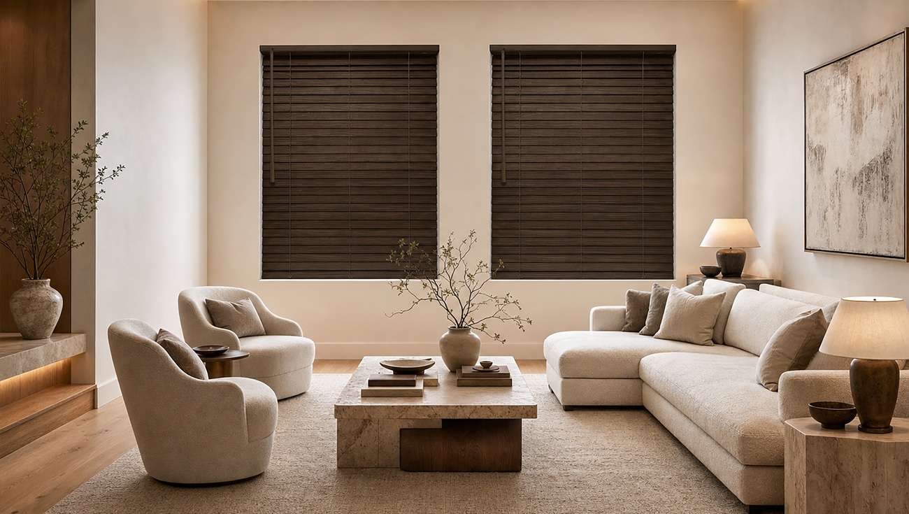 Wood blinds - Pearl & Co Dark stained wood blinds on two windows in a neutral living room