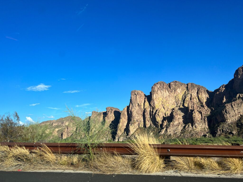 Desert mountains under a blue sky near the new neighborhoods of Queen Creek